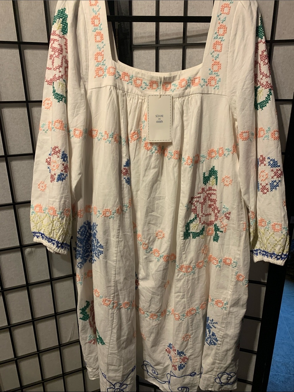 Boho Embroidered White Cotton Maxi Dress with Multicolor Floral Accents Size 8